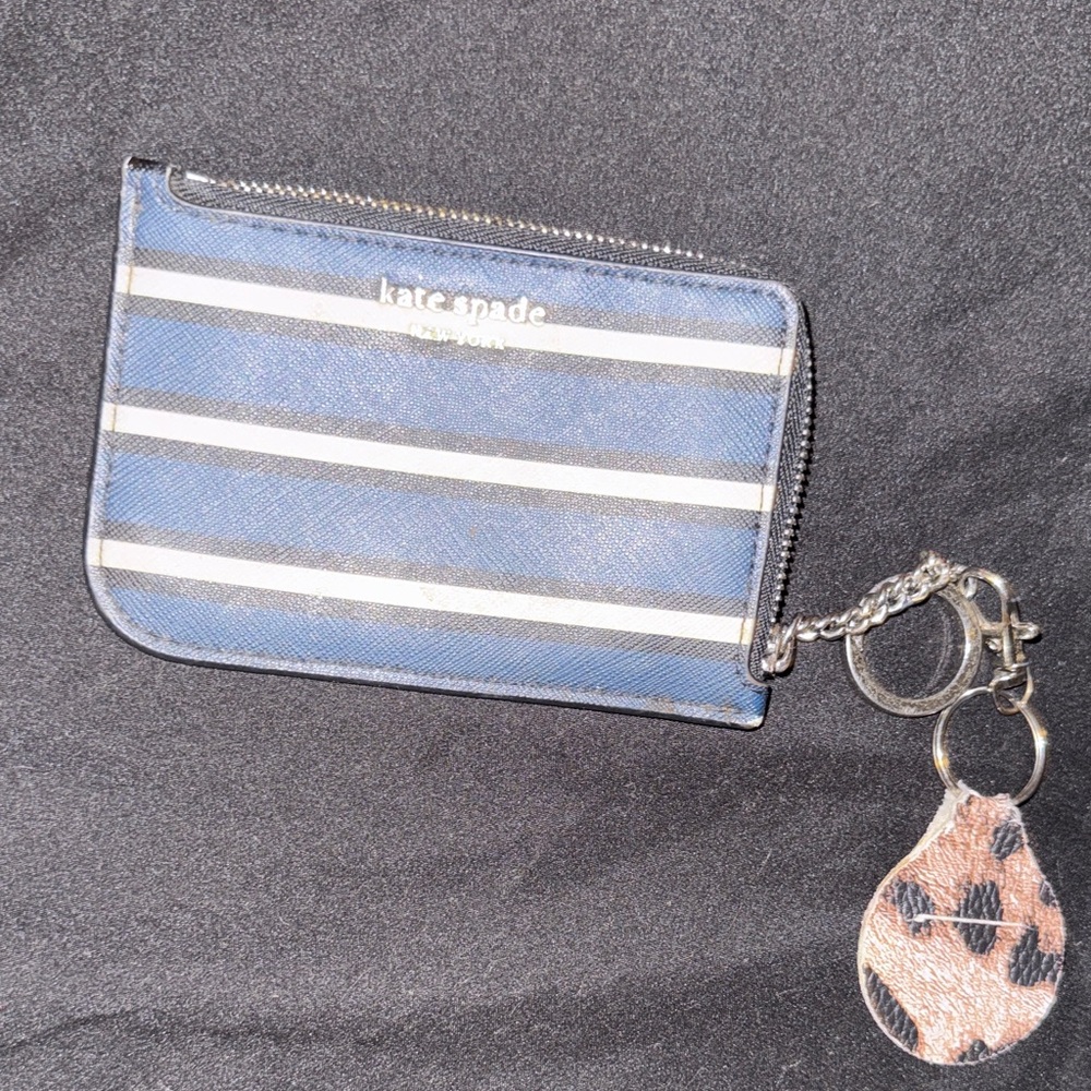 Kate Spade Navy and White Striped Card Holder with Keychain